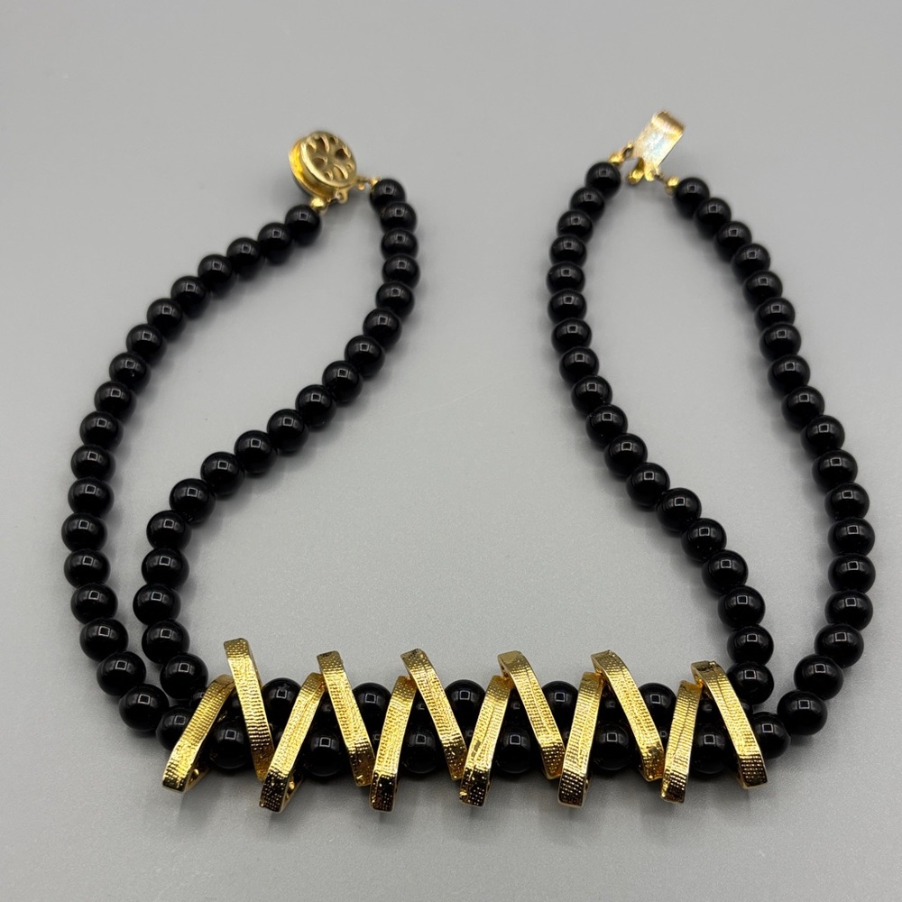 Black Onyx and Rhinestone Choker Necklace JP387 - Picture 8 of 9